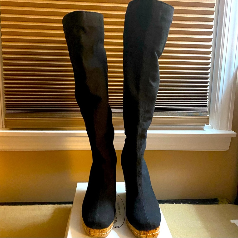 Black cotton knee length boots-size 8